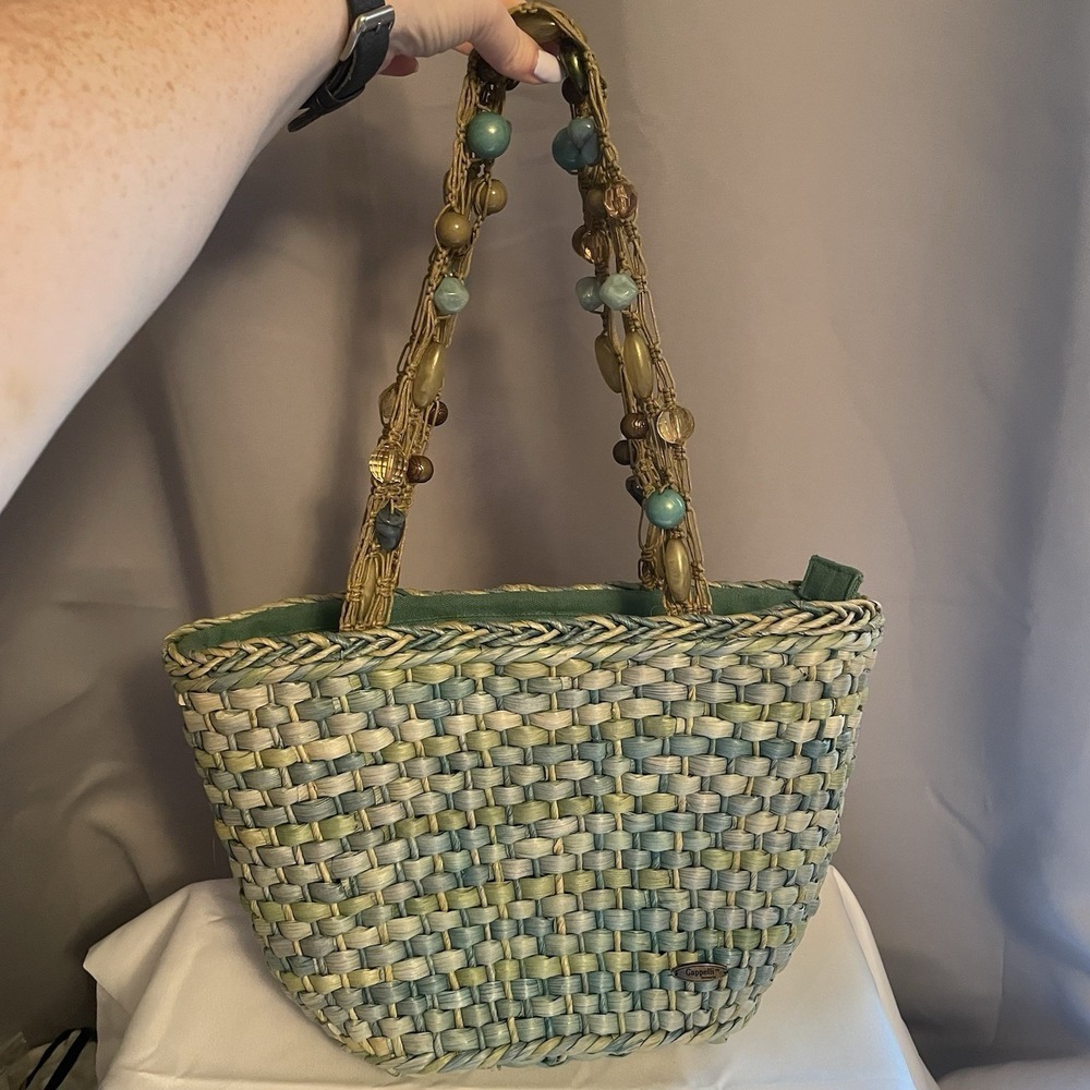 Cappelli Straworld Inc Beaded Strap Green Cornhusk Woven Tote Bag Purse Handbag